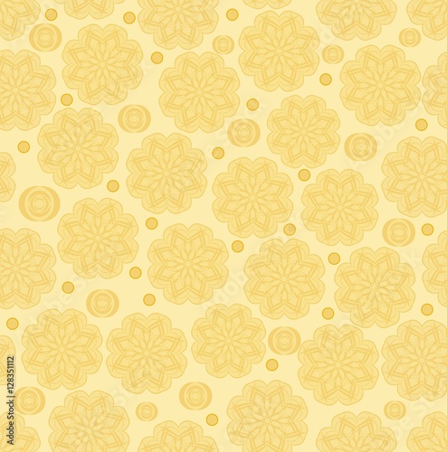 Yellow floral low contrasting seamless vector background, yellow flower shapes nad dots on beige background