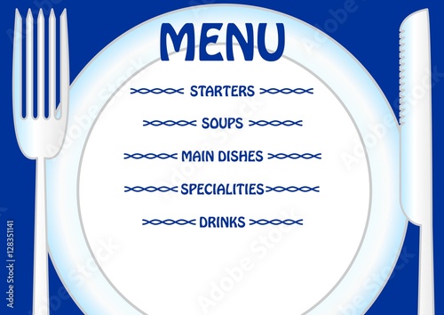 Menu template with plate, knife and fork. Write your own menu items directly to the plate