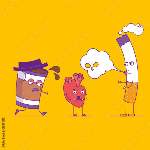 Smiling heart fights cigarette and paper coffee cup cartoon char