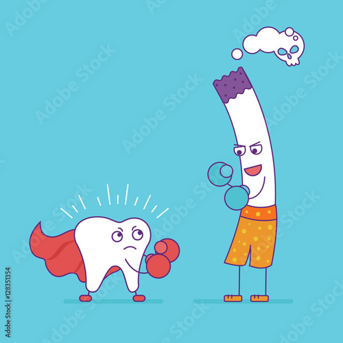 White tooth fighting or boxing with cigarette. Cartoon character
