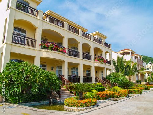 Resort house with beautiful flowerbeds