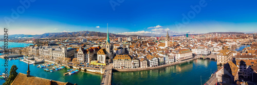 Historic Zürich city center with famous Grossmünster Church, Limmat river and Zürich lake. Zürich is the largest city in Switzerland photo