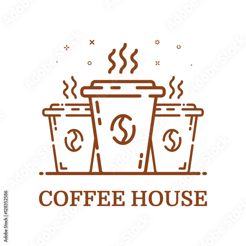 Vector illustration of emblem concept coffee house in line style. Linear brown 3 cups. Icon Design outline object. Coffee shop label, logo, icon.