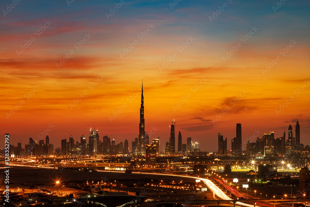 A beautiful skyline view of Dubai as viewed from Dubai Festival City during a golden set evening
