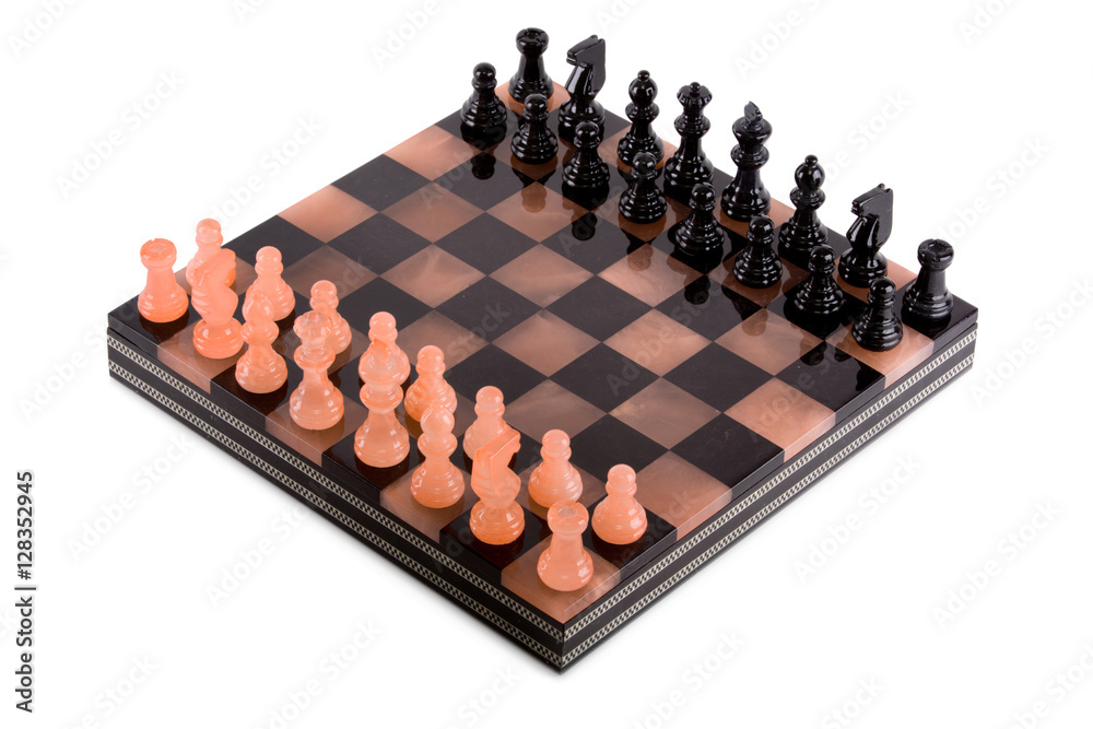 Chess pieces on the board on a white background Chess pieces on the board on a white background