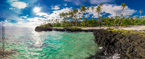 Tropical volcanic beach on Samoa Island with many palm trees photo