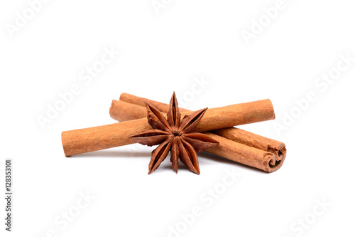 Fragrant anise and cinnamon isolated on white background