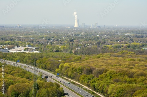 View over surroundings of Oberhausen, Germany, with plants in the distance.