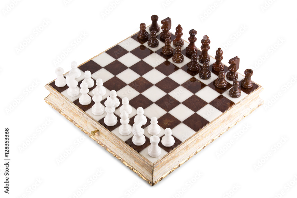 Chess pieces on the board on a white background Chess pieces on the board on a white background