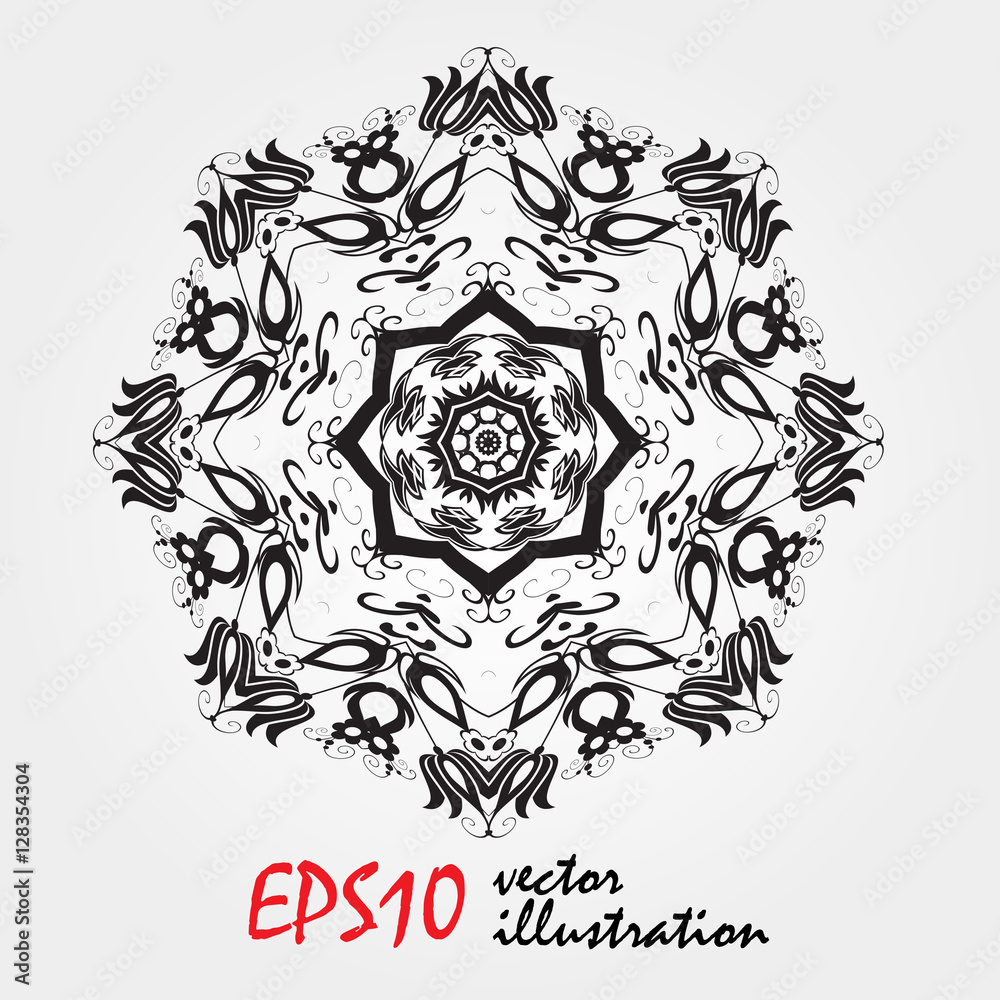 mandala, highly detailed zentangle inspired illustration, black and white. Coloring book antistress. Snowflake