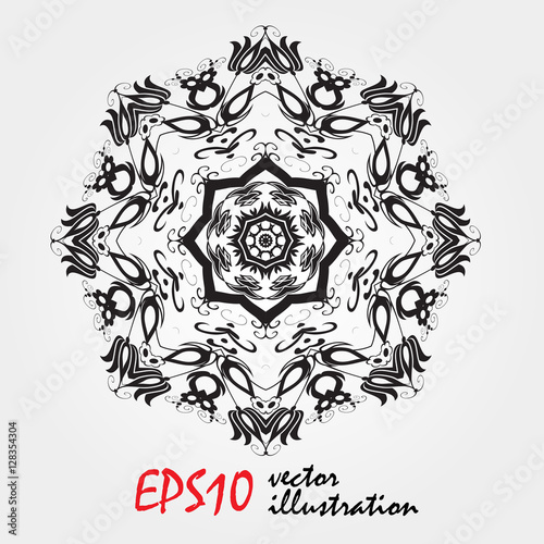 mandala, highly detailed zentangle inspired illustration, black and white. Coloring book antistress. Snowflake