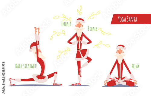 Santa Claus Doing Yoga Set. Vector Xmas Illustration. 3 Poses.
