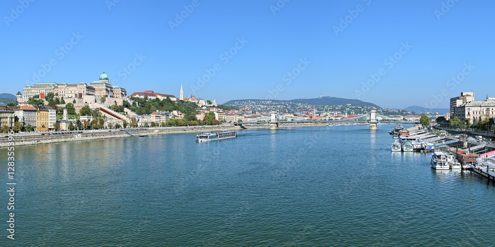 Budapest, Hungary. Panorama of Danube with Royal Palace, Sandor Palace, Matthias Church, Fisherman's Bastion and Szechenyi Chain Bridge. View from Elisabeth Bridge.