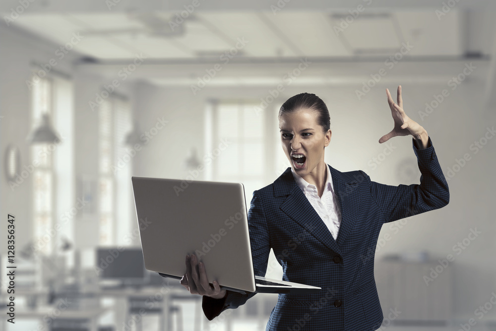 Woman with laptop in hands . Mixed media Woman with laptop in hands . Mixed media