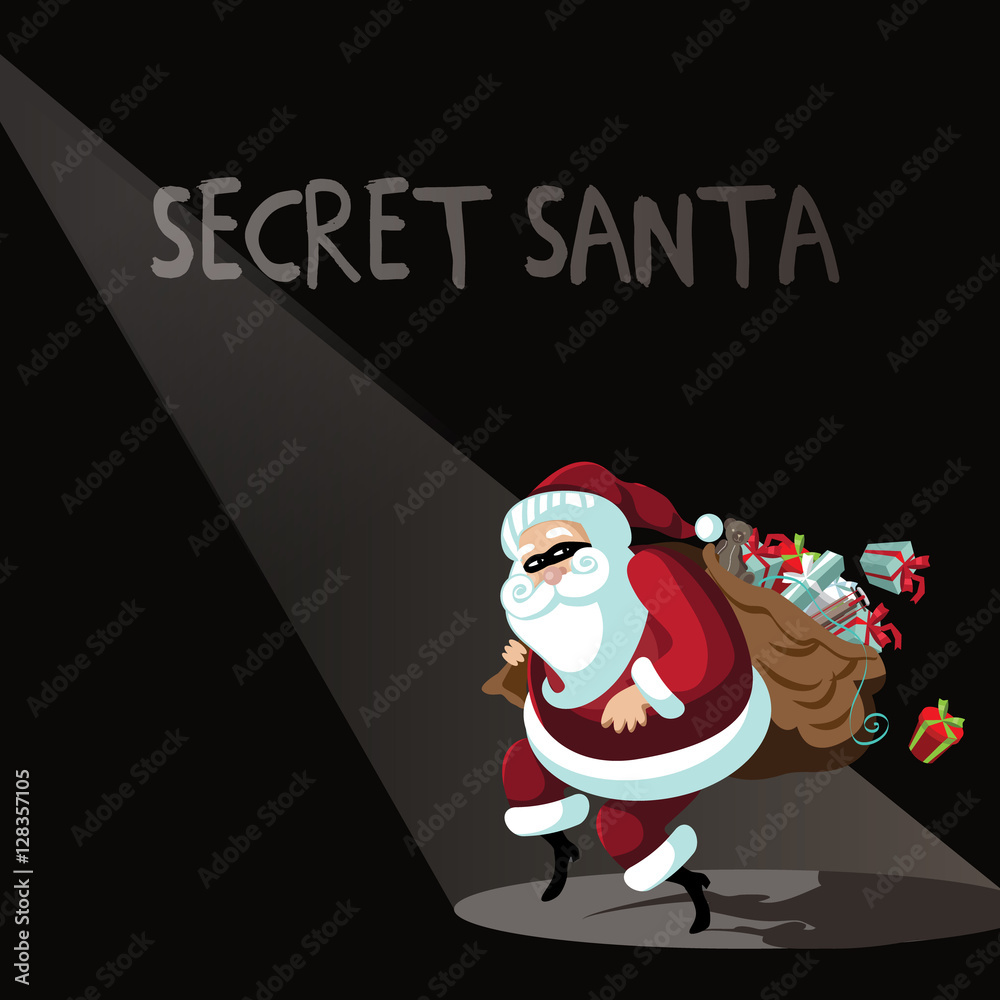 Cartoon Secret Santa background with Santa Claus sneakily delivering gifts  while wearing a mask. EPS 10 vector. Stock Vector | Adobe Stock