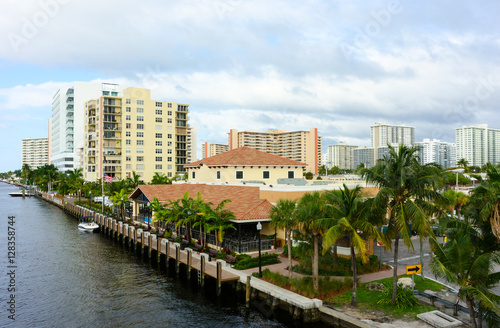 Modern buildings and boats along the Intracoastal Waterway in Ft. Lauderdale  Florida..