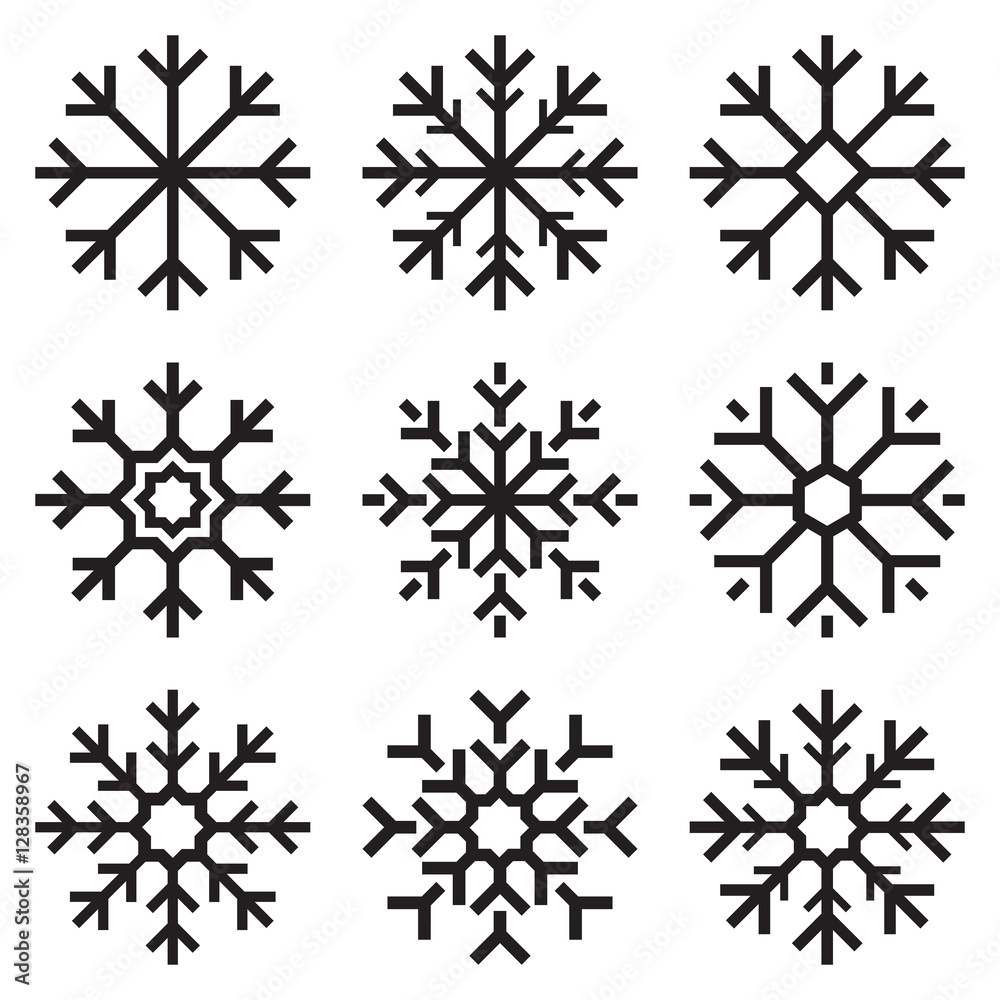 Nine vector snowflakes set on white background, winter icons silhouette, element for your holiday design projects Nine vector snowflakes set on white background, winter icons silhouette, element for your holiday design projects