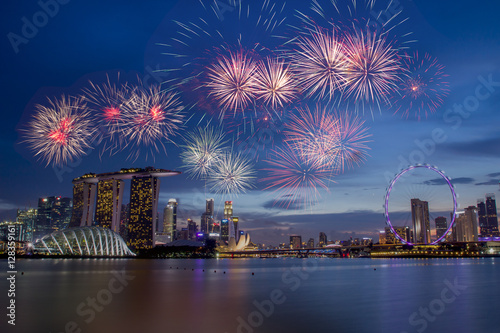 Fireworks over bay in Singapore on National day rehearsal