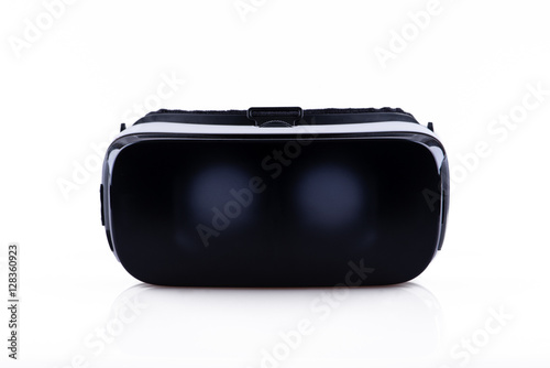 Frontal view of virtual reality VR headset, isolated on white background, with reflection