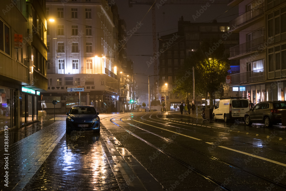Night rainy street in Ostend, BelgiuFence around playground, Ostend, Belgium