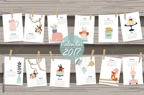 Colorful cute monthly calendar 2017 with whale,tree,monkey,cake
