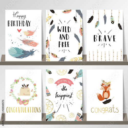 Card template collection for banners,Flyers,Placards with wreath,feather,fox,whale and arrow in boho style