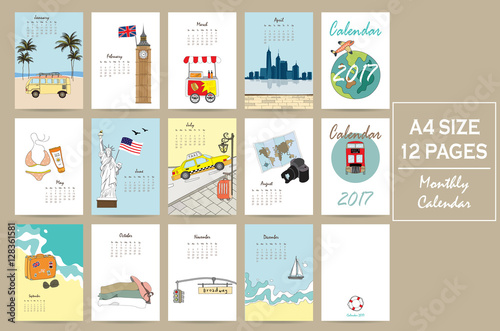Colorful cute monthly calendar 2017 with bus,airplane,sea,camera