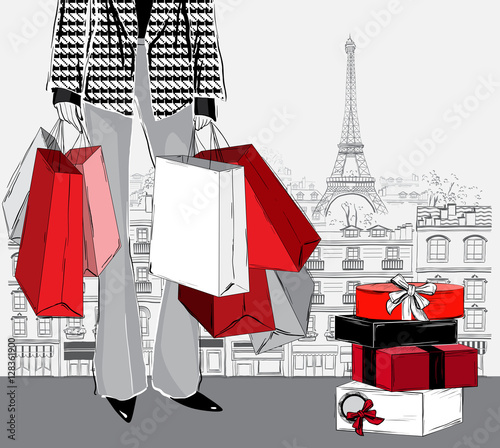 woman carrying shopping bags and pile of wrapped gift boxes on P