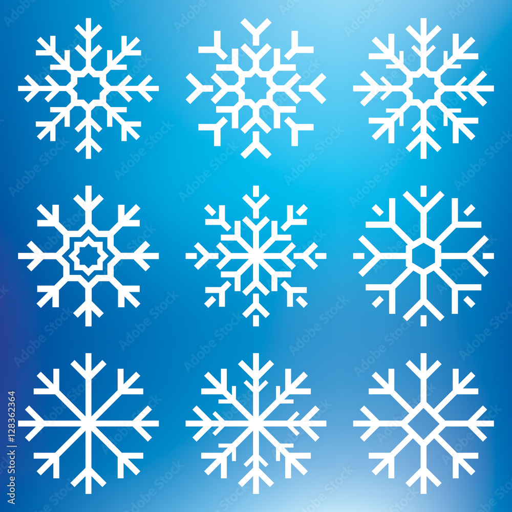 Nine white vector snowflakes set on blue mesh background, winter icons silhouette, element for your holiday design projects Nine white vector snowflakes set on blue mesh background, winter icons silhouette, element for your holiday design projects