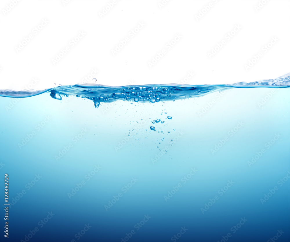 Close up blue Water splash with bubbles on white background Close up blue Water splash with bubbles on white background