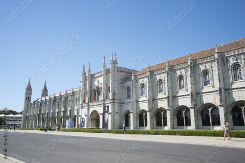 Lisbon, Portugal, Belem. Fountain named Luminosa and Gardens in front of Monastery named Jeronimos