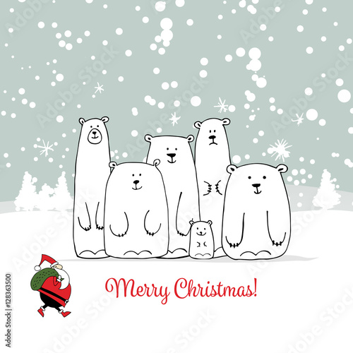 Christmas card with white bears family