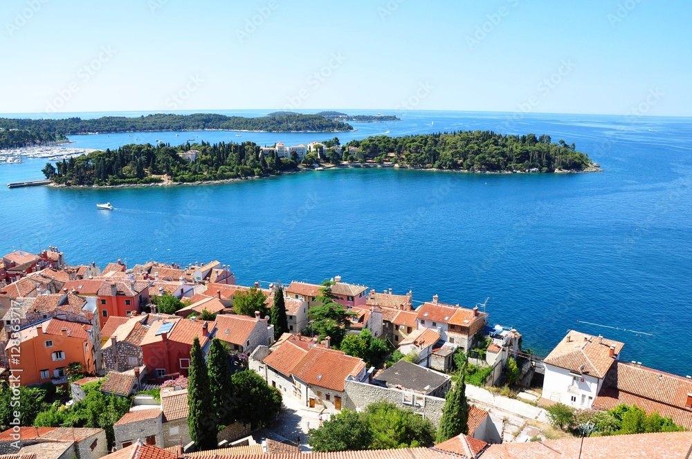 Rovinj town - coastline seascape panorama summer horizontal photo from bell tower Church of St.Euphemia, Croatia