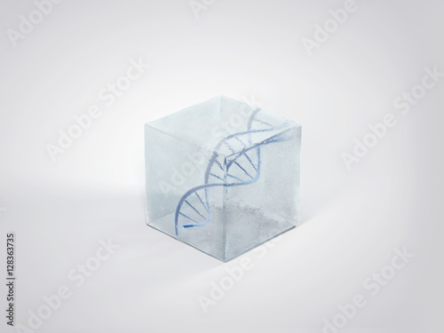 3D illustration of DNA double helix in ice cube.