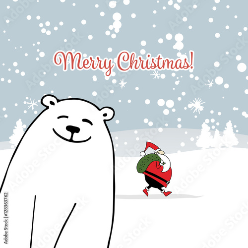 Christmas card with white santa and white bear