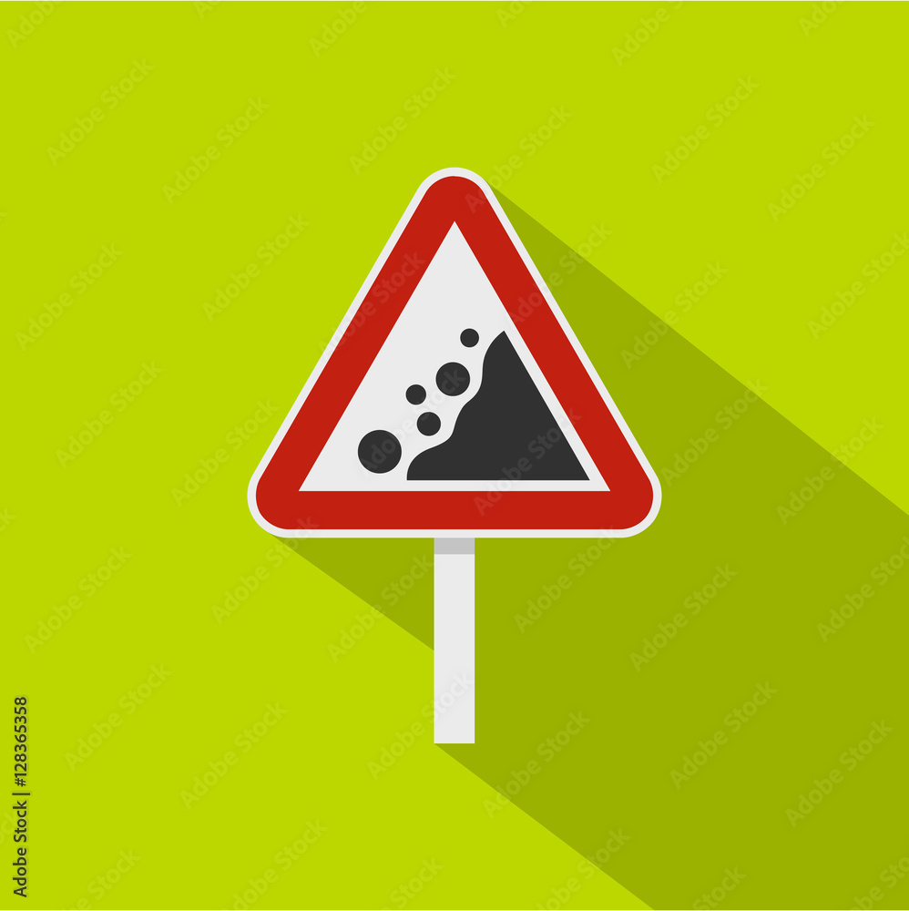 Rockfall traffic sign icon. Flat illustration of rockfall traffic sign