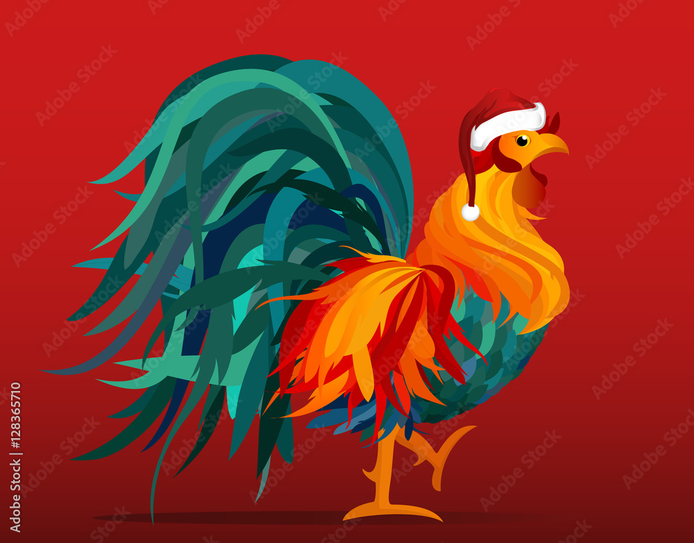 Obraz premium Rooster in a cap of Santa Claus. Vector. Colorful rainbow. Symbol 2017. Isolated Cockerel on a pink background