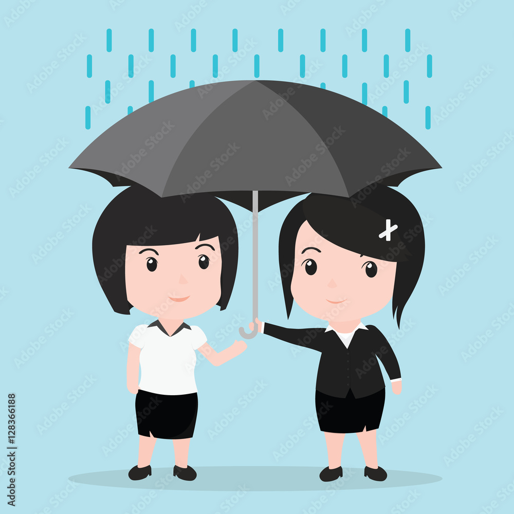 Business woman with umbrella protects another woman Business woman with umbrella protects another woman