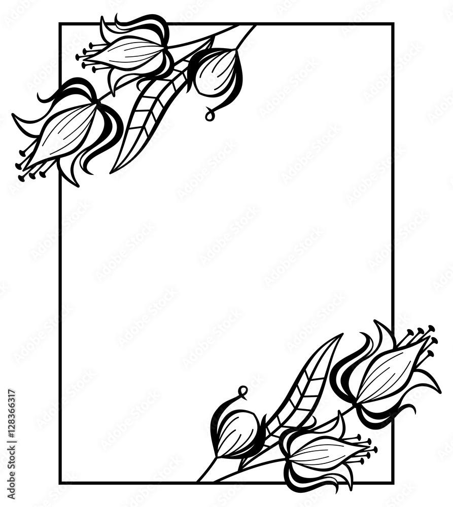 Obraz premium Black and white frame with outline decorative flowers. Copy space.