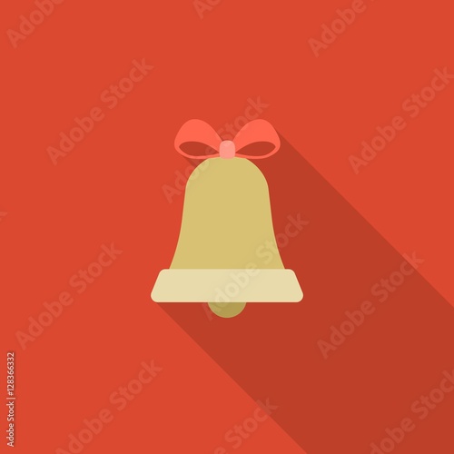 Bell icon for Christmas, alarm and call icon sign, flat design with long shadow on red background