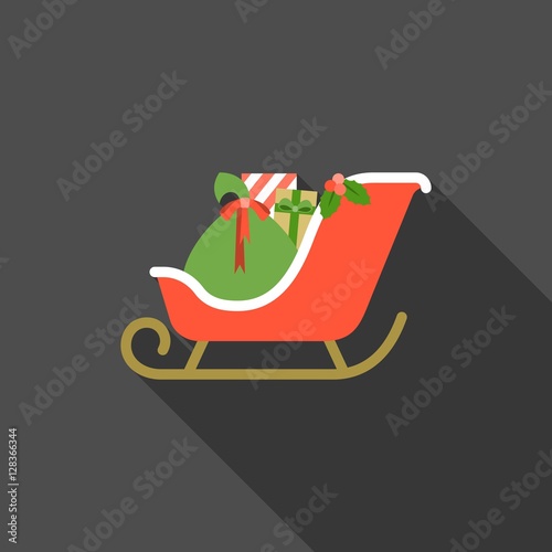 Christmas sleigh icon, Santa 's sleigh with present boxes illustration, flat design with long shadow