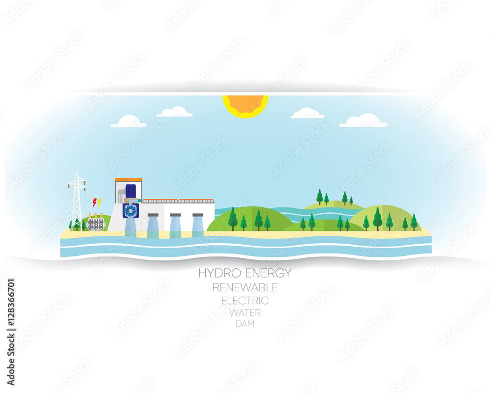 hydro energy, hydro power produce electric with water turbine in dam
