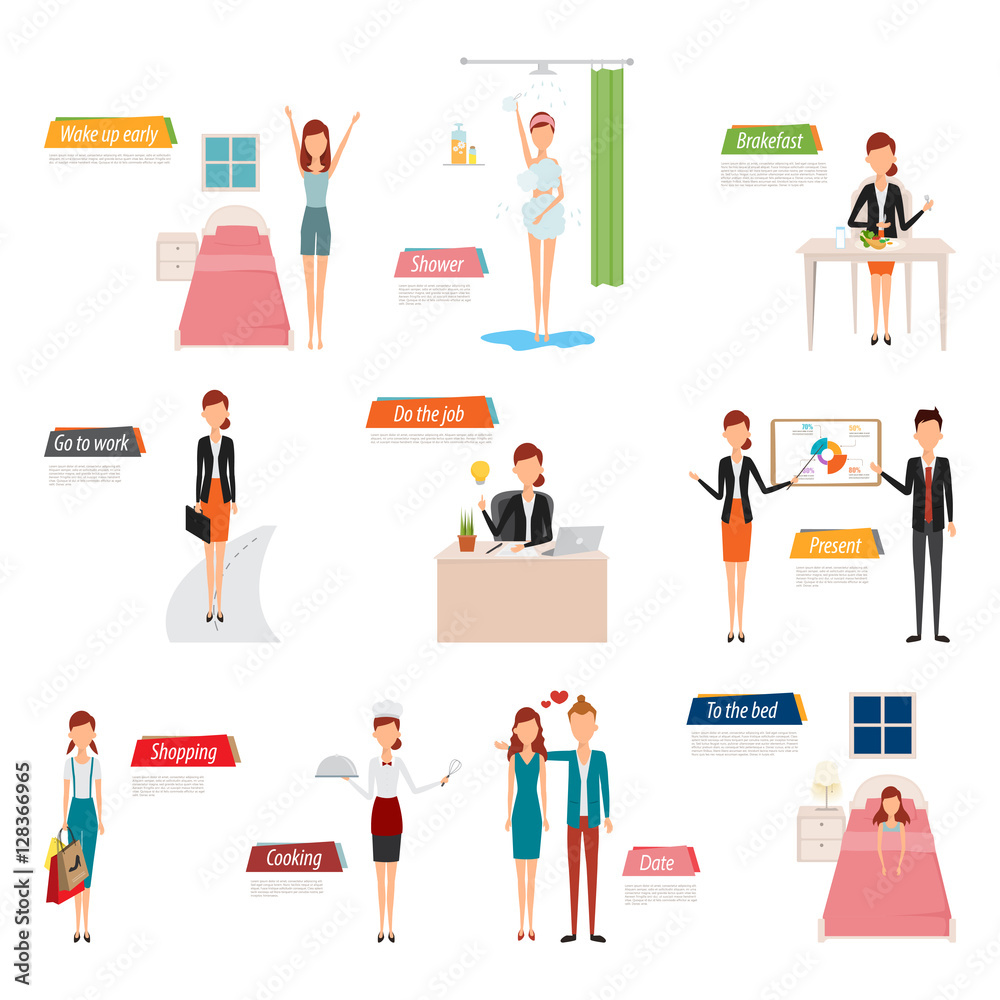 Daily routine of business people character. Woman life style in Daily routine of business people character. Woman life style in