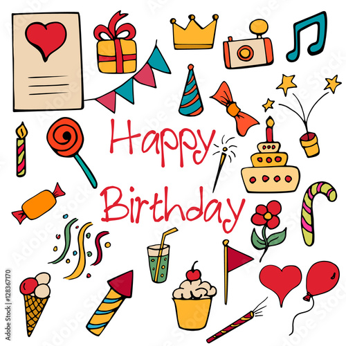 Happy Birthday signs and symbols background, with hand drawn doodle elements