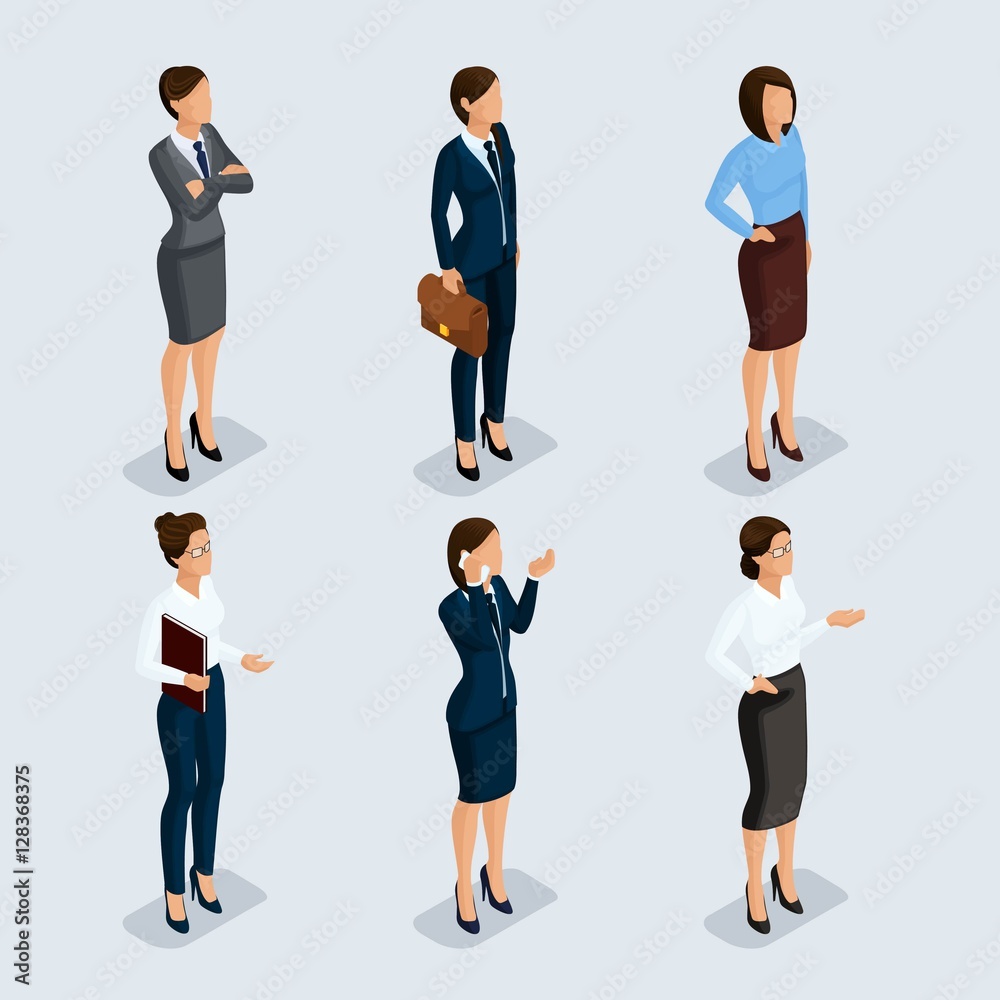 Isometric elegant beautiful business woman in business clothing set 3 Basic wardrobe, feminine code corporate dress on a gray background, isolated. Vector illustration Isometric elegant beautiful business woman in business clothing set 3 Basic wardrobe, feminine code corporate dress on a gray background, isolated. Vector illustration