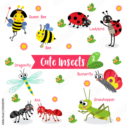 Cute Insects Animal cartoon on white background with animal name. Bee. Ant. Ladybird. Ladybug. Butterfly. Grasshopper. Dragonfly. Queen Bee. Vector illustration. Set 2.