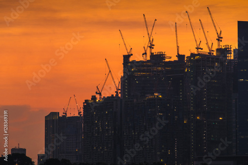 Building construction silhouette at the sunset time 