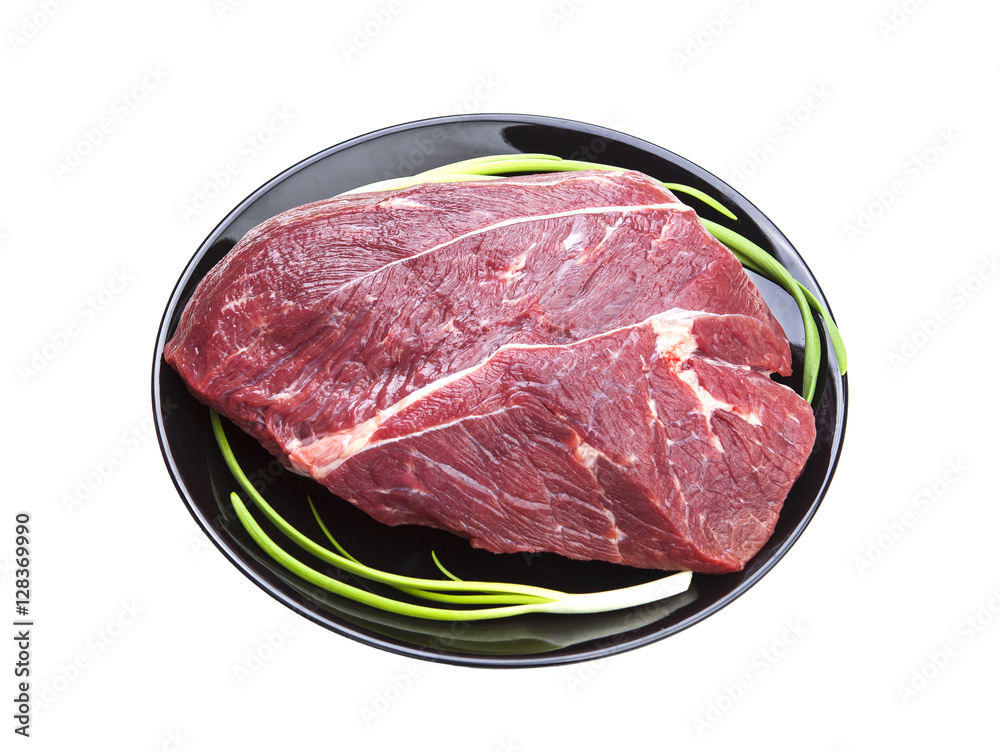 Fresh piece of raw beef isolated on white background.
