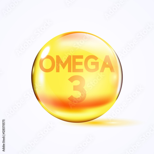 Shiny colored bowl, omega 3, yellow capsule. Yellow bubble, realistic vector illustration