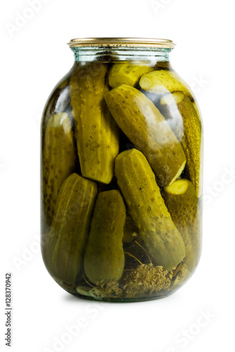 Glass jar of preserved gherkins